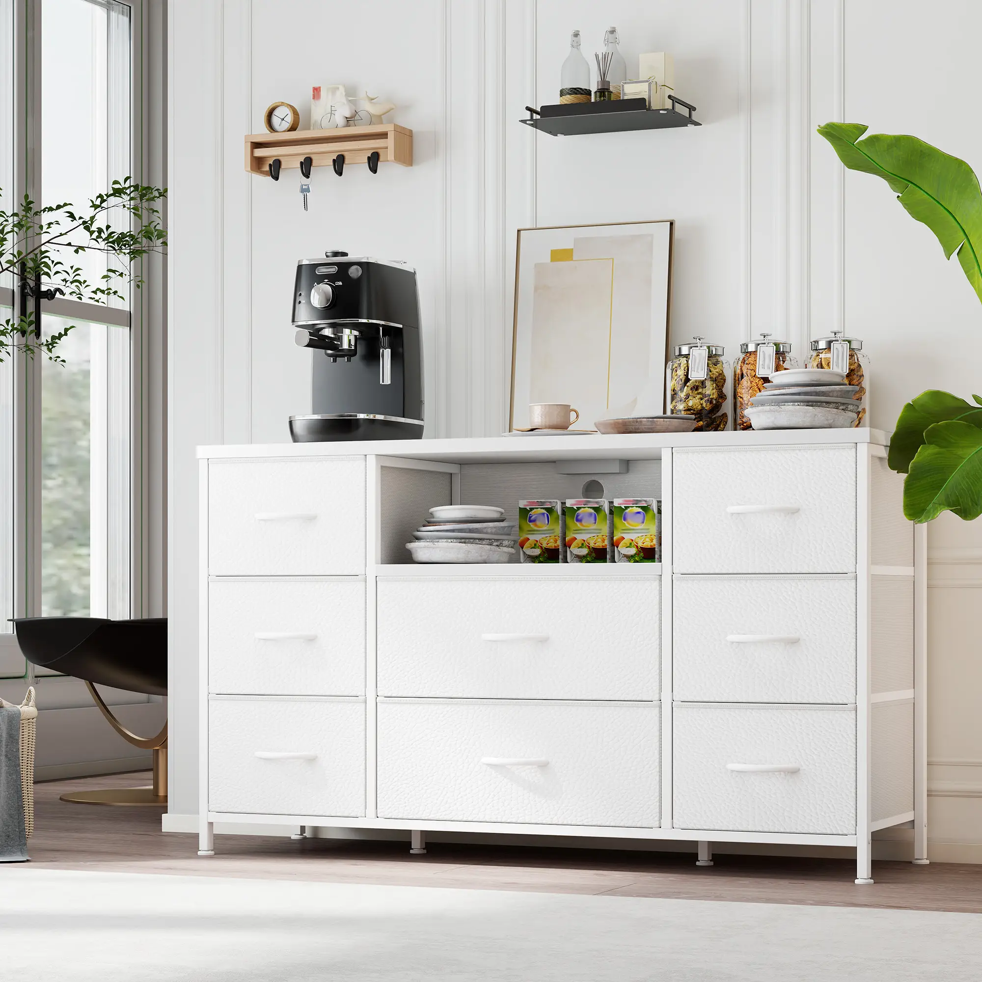 RaybeeFurniture TV Stand with Power Outlet Entertainment Center with 8 Fabric Deep Drawers Media Console Table for 55" TV Wide Storage Drawer Dresser