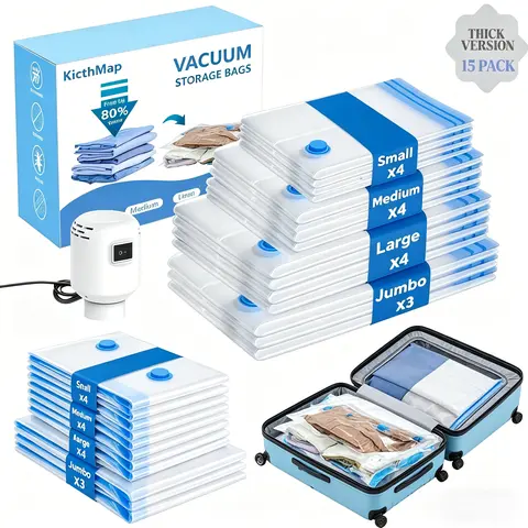 15-Pack Modern Plastic Organizer Storage Bags - Adjustable Compression Packing Bags with Included Electric Vacuum Seal Pump, Reusable Sealable Space-Saving Dustproof Home Organizers for Clothes, Bedding