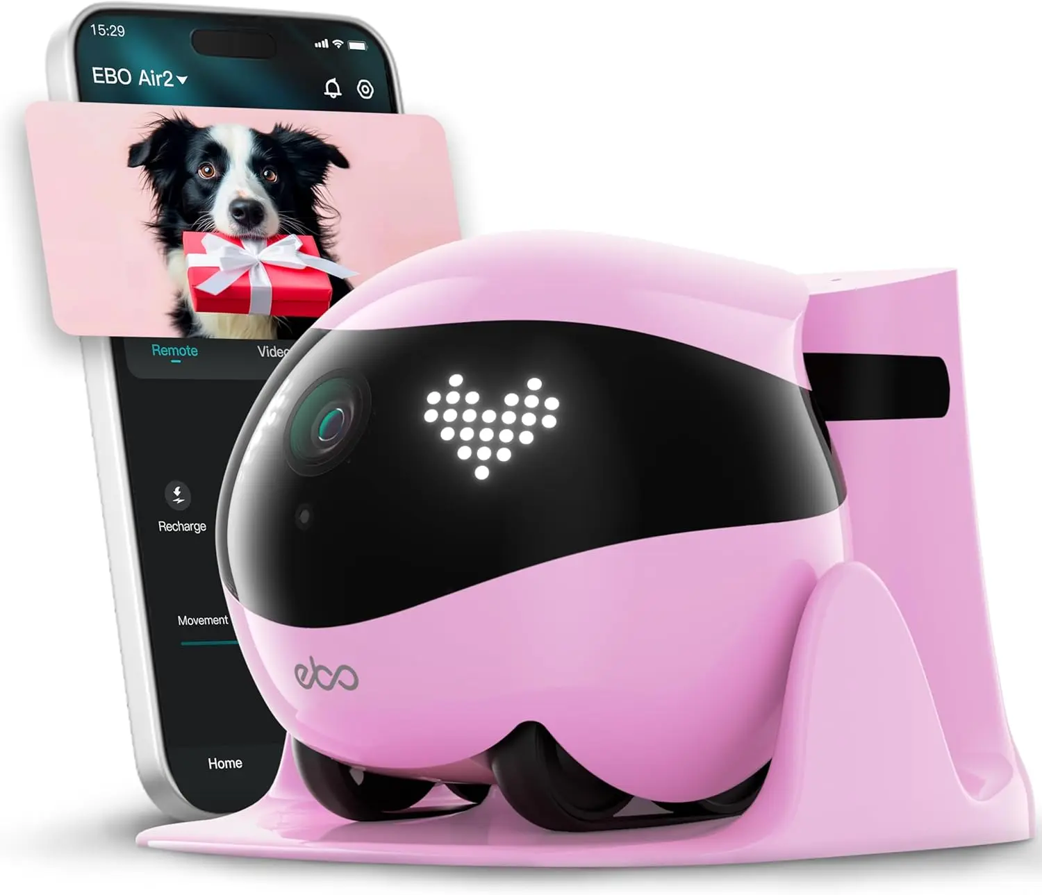 EBO Air 2 FamilyBot Indoor Security Robot Camera - Rechargeable Camera, 2K Local Monitor, Movable, Auto-Charging, Custom Facial Expression, 2-Way Talk, Night Vision, Micro SD Card Compatible, Wi-Fi, Remote Control Guides Robot Anywhere, Robin Pink