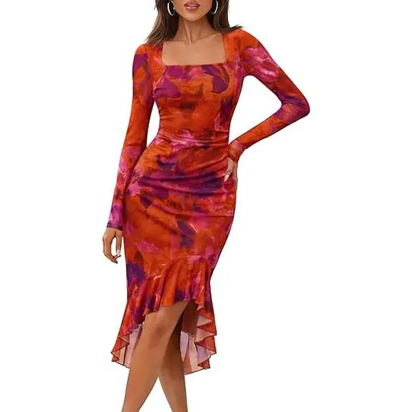 MEROKEETY Women's Long Sleeve Fall Wedding Guest Dress Elegant Classy  Bodycon Square Neck Mesh Cocktail Midi Dresses - TikTok Shop