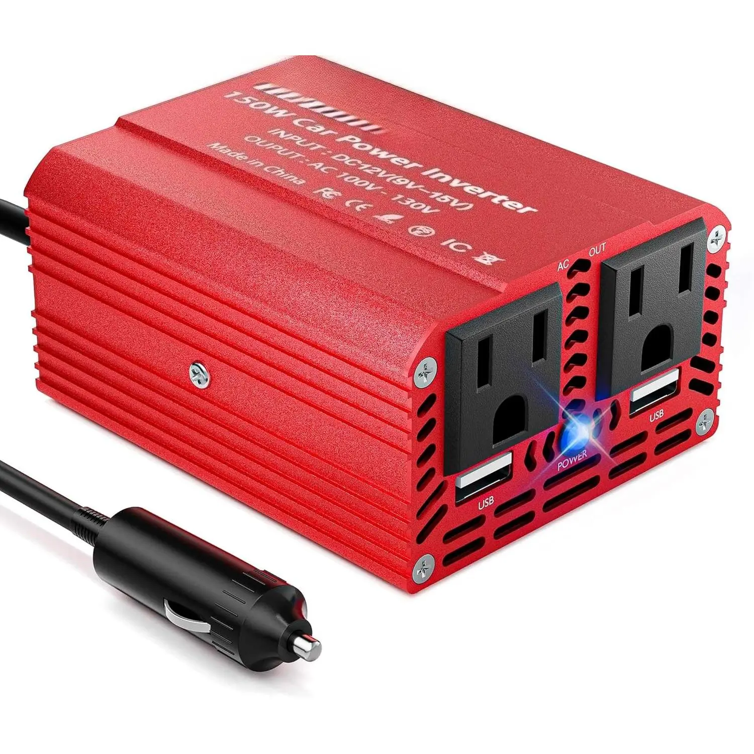 150W Car Power Inverter, 12V DC to 110V AC Converter with Dual 6.2A USB Ports and AC Outlet, Car Plug-in for Laptops and Phones on Road Trips, Dual Outlets, Power Conversion