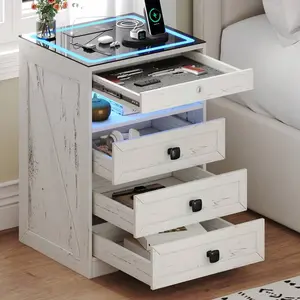 Farmhouse Bedside Night Stand with Lockable Gun Drawer - 3 Drawers, Glass Top, Inlay, Charging Station, 3 LED Lights - Modern Indoor Furniture End Side Table for Bedroom