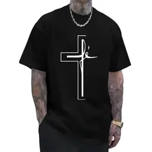 Cotton Short Sleeve  T-Shirt Men'S Summer Casual Sports T-Shirt with Religious Cross Print,  Crew Neck, Short Sleeve, Geometric Pattern,Slight Stretch, Loose Fit, Streetwear  Graphic tees Crewneck Top