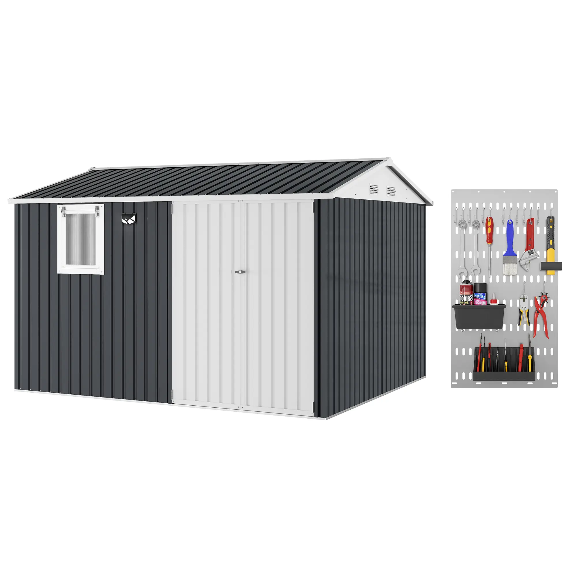 10x 8 FT Outdoor Storage Shed, Garden Metal Shed with Solar LED Light & Built-in Pegboard, Large Garden Tool Shed with Pushable Window & Lockable Door for Backyard Patio