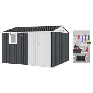 10x8FT Metal Outdoor Storage Storage Outdoor Storage Unit – Sloped Roof, Pushable Window, Vents, Lockable Doors, Durable Steel Construction for Garden, Patio, Garage, Backyard, Poolside