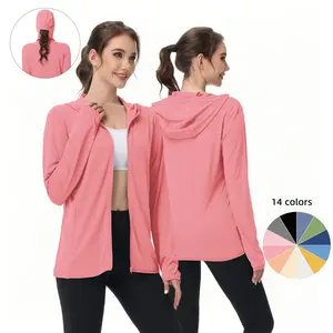 Women’s lightweight long-sleeve hooded sun-protection jacket, breathable and cool, stretchy fabric, available in multiple colors for customizable styles, suitable for outdoor travel, hiking, mountain climbing, and recreational activities.