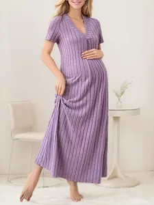 Women's Striped Print Maternity Nightdress, Casual Comfy Short Sleeve Nightgown for Summer, Maternity Sleepwear for Indoor Wear
