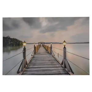 Large Wall Art Canvas Painting Sunrise or Sunset at Dock Seaside Backlit with LED Lighting