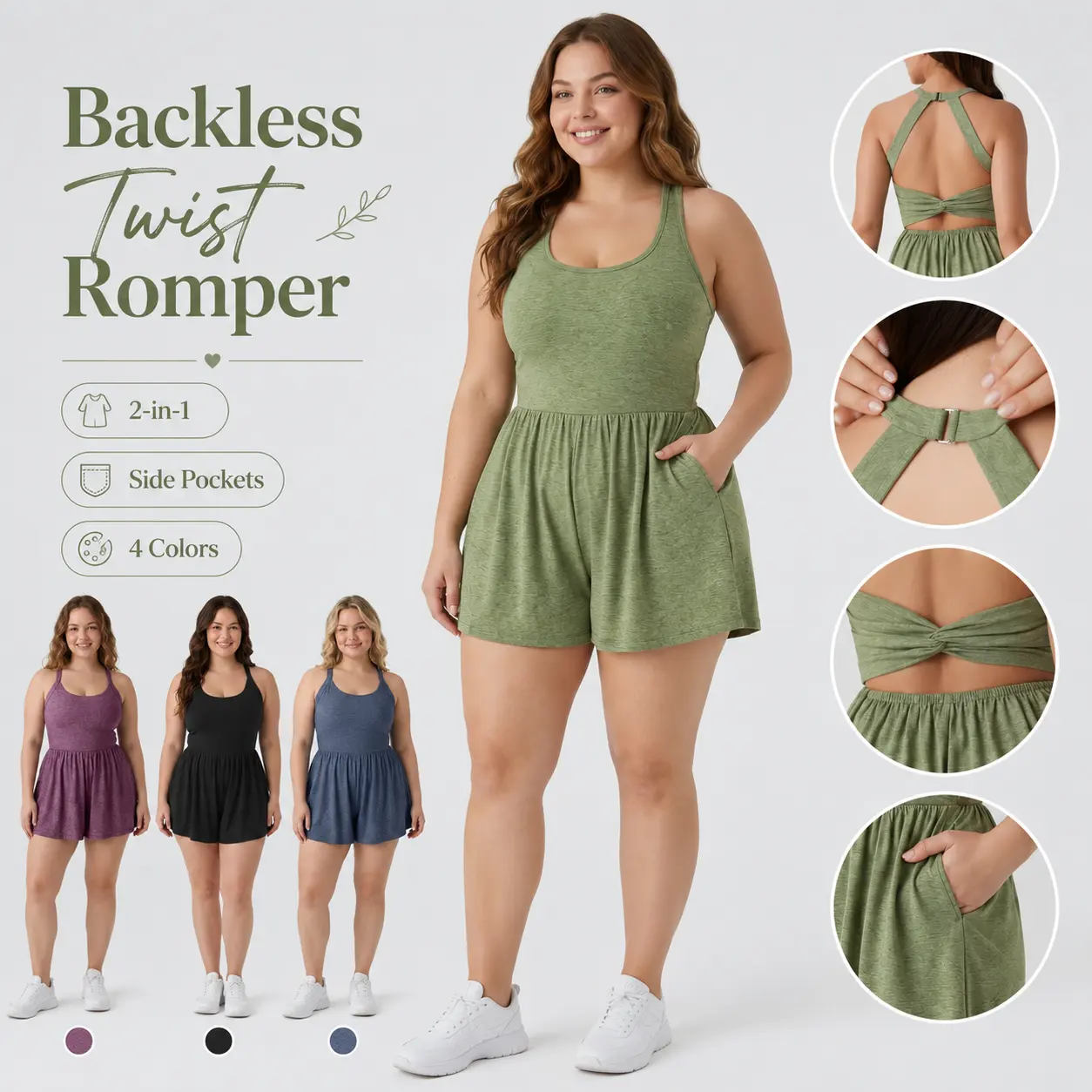Backless Twist Romper for Women with Built-In Shorts, NO BREAST PADS!! Side Pockets, Soft Stretch Sleeveless 2-in-1 Summer Resort Romper for Casual, Sport & Vacation Wear, summer hairstyles, outdoor furniture set, 4th of july outfits