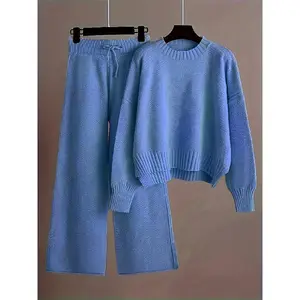 Women's Early Autumn New Fashion Sweater Two-Piece Set: Unique Textured Round Neck Drop Shoulder Long Sleeve Pullover + Straight Wide-Leg Pants Combination, Loose Casual Series