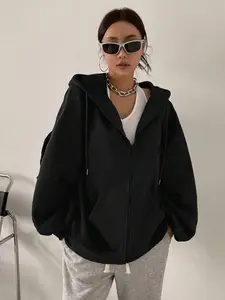 Women's Solid Drawstring Drop Shoulder Hooded Coat, Fashion Casual Pocket Zipper Long Sleeve Hooded Outerwear for Daily Outdoor Wear, Women Clothing for Winter