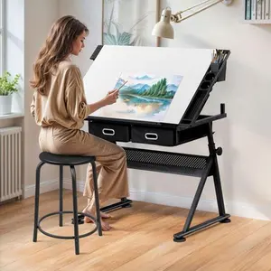 Height Adjustable Drafting Table Drawing Artist Craft Desk w/Stool Outlet White