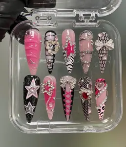 AuréNails – Pink Black Y2K Press On Nails | Barbiecore Nail Art with Glitter, Stars & Hearts | Handmade Long False Nails Set – AN06