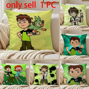 Cartoon B-Ben 10 Cool Pillow Case Anti-dustmite Pillowcase Sofa Cushion Cover with Invisible Zipper Silky Short Plush Polyester Microfiber Fabric White Available in Standard Sizes for Home Bed Use