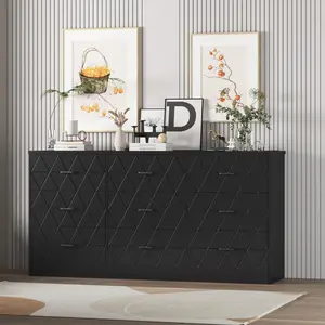 Black 63 Inch 9 Drawer Dresser with Power Outlet Modern Storage Organizer for Bedroom Living Room Hallway or Office Black