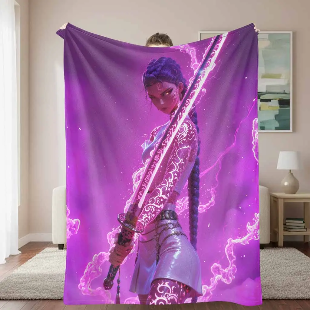 Cyberpunk Warrior Flannel Blanket with Neon Katana Character Art Print - Cozy Aesthetic, Warm Aesthetic, Breathable Soft, Foldable Durable Anti-Pilling Lightweight Wrinkle-Resistant, Ideal for Video Games Room Decor, Home Office Inspo, Anime Enthusiasts