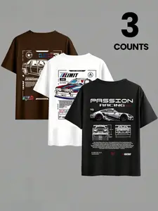 Men's Cartoon Car Print Tee, Casual Graphic Design Style Tee, Casual Short Sleeve Round Neck T-shirt for Daily Wear, Men's Top for All Seasons, Tropical