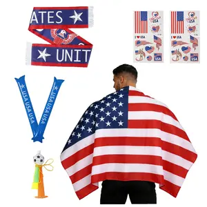 2026 Gear Fan Set, 7 Piece American Flag Cape Costume - Includes Flag Cape, Soccer Scarf, Stickers, Horn, Thunder Sticks for Viewing Parties & Fan Gift