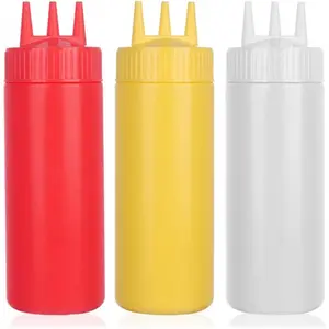 3pcs Seasoning Squeeze Bottles, 3 Hole Ketchup Mustard Dressing Squeeze Squirt Bottles, Salad Sauce Condiment Cream Squeeze Bottles for Kitchen Restaurant Bakery (24oz, Multicolor)