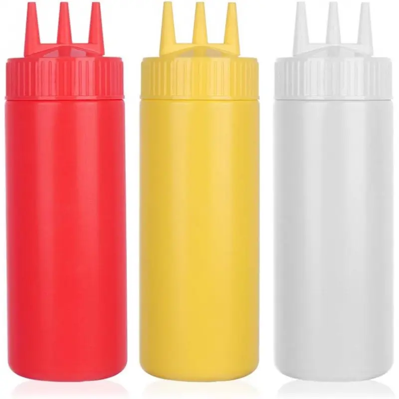 3pcs Seasoning Squeeze Bottles, 3 Hole Ketchup Mustard Dressing Squeeze Squirt Bottles, Salad Sauce Condiment Cream Squeeze Bottles for Kitchen Restaurant Bakery (24oz, Multicolor)-L