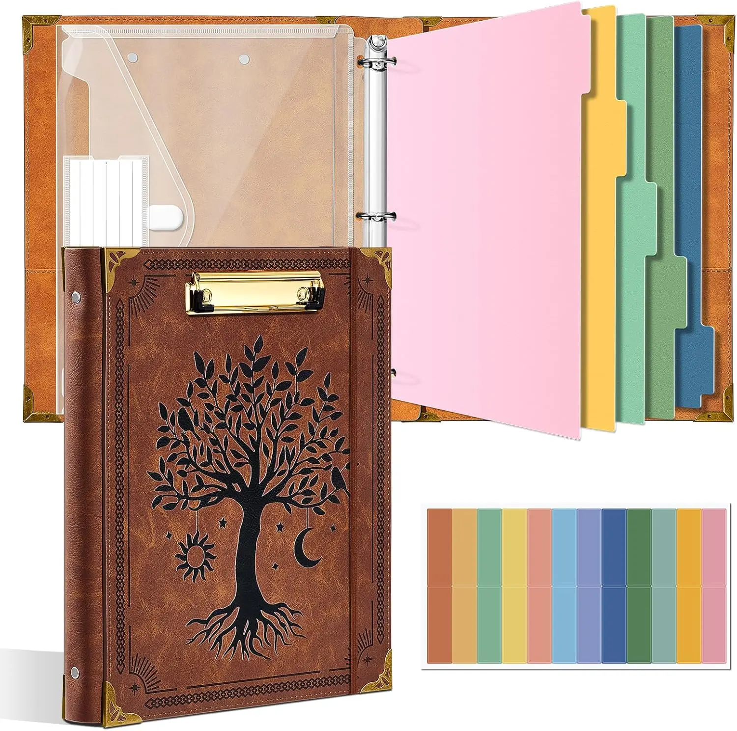 Binder With Clipboard Leather Round 1 Inch 3 Ring Binder, 5 Dividers, Plastic Folder, 400 Divider Stickers, Fits 175 Sheets 8.5"x11" Letter Size Paper