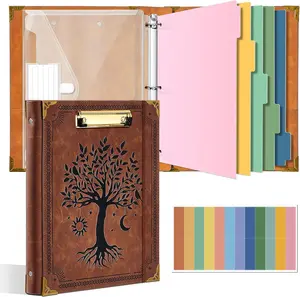 Binder With Clipboard Leather Round 1 Inch 3 Ring Binder, 5 Dividers, Plastic Folder, 400 Divider Stickers, Fits 175 Sheets 8.5"x11" Letter Size Paper