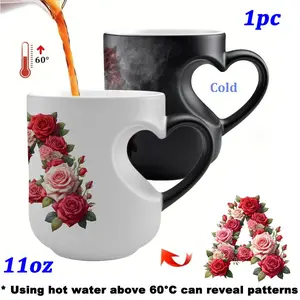 1pc Magic Color-Changing Ceramic Coffee Mug, Rose Alphabet from A to Z, Featuring heart Heat-Sensitive Ceramic Drinkware Cup Suitable for Both Office And Home Use, Hand Wash Only - Romantic Valentine's, Mother's Day, Father's Day Gift Idea
