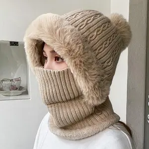 Warm Winter Knitted Balaclava with Faux Fur Lining, Full Face Ear Flaps and Neck Coverage for Cold Weather Outdoor Activities Like Skiing