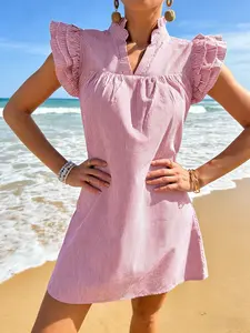 Minimalist Striped Ruffle Collar Beach Cover-Up Dress Oversized Grey Stripe Summer Vacation Shift Dress Vintage Ruffled Sleeve Striped Resort Wear Dress Beach Cover Ups