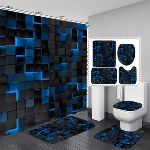 4 count Blue Shower Curtain Set 3D Cubes Bathroom Sets Modern Shower Curtain Set for Bathroom Sets with Rugs Black and Blue Shower Curtain with 12 Hooks