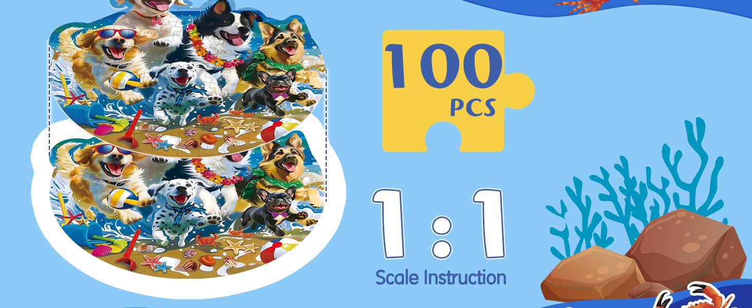 70/100 Piece Large Round Floor Puzzle for Kids Ages 4–6, Puppies Theme Jigsaw Puzzle Toys with Beach & Ocean Animals, Preschool Learning Gift for Boys and Girls
