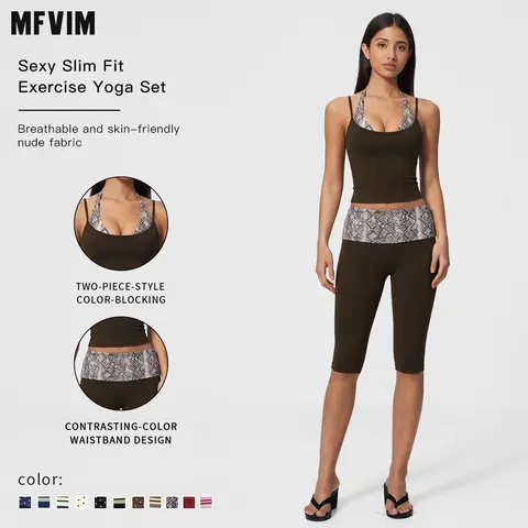 Women's MFVIM 2-Piece Casual Sports Wear Set - Color-Block Double-Layer Halter Yoga Tank Top, Waist-Cinching Butt-Lifting Below-the-Knee Athletic Shorts, Nude-Feel Female Fitness Sportswear Set, Travel Essential