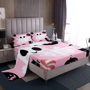 Pink Ghost Bed Sheets Set,Kids Halloween Black Cat Fitted Sheet for Boys Girls,Spooky Soft Microfiber Room Decor