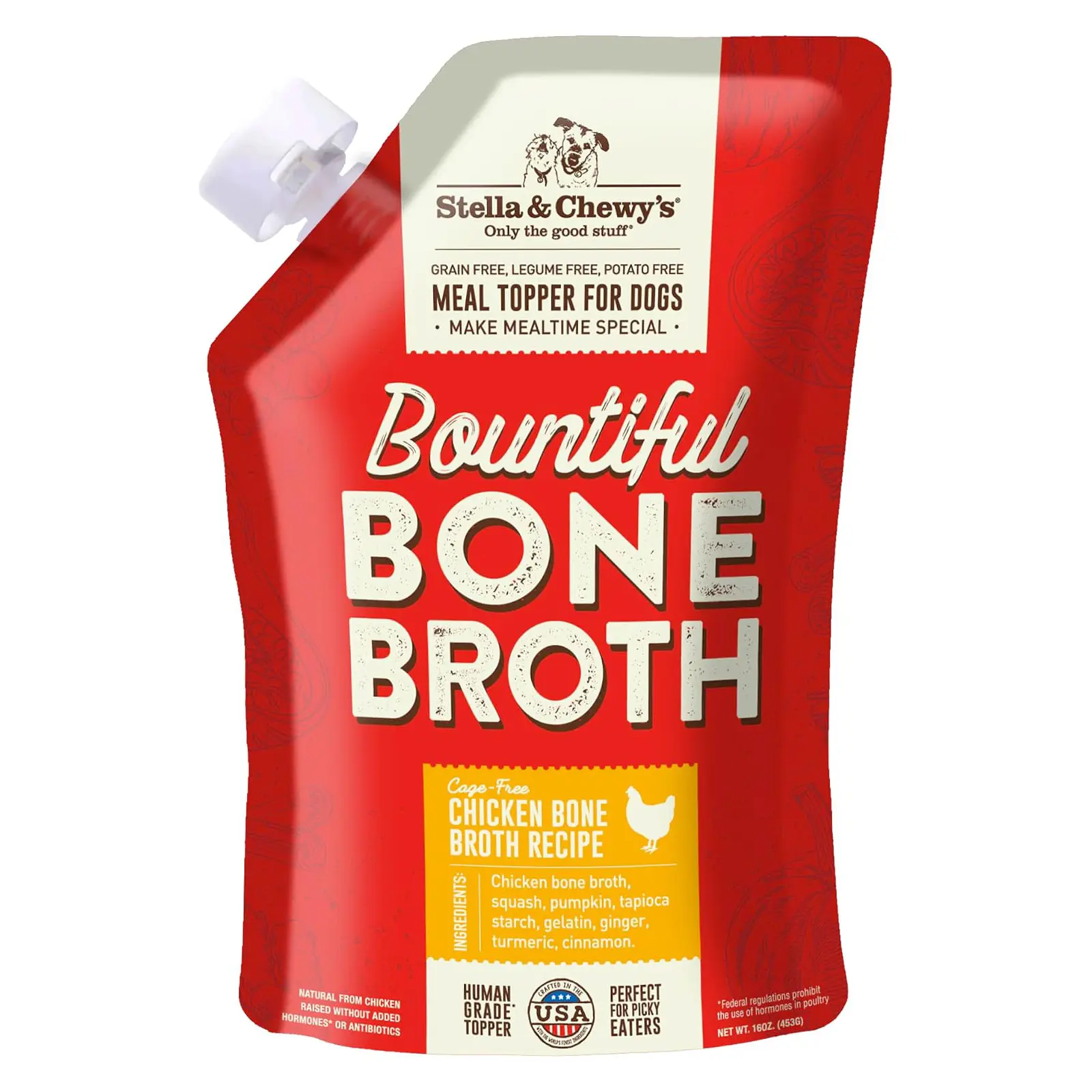 Stella & Chewy's Premium Cage-Free Chicken Bone Broth for Dogs - Joint & Gut Health Support Liquid Food Topper with Collagen & Turmeric, 16 Fl Oz Resealable Pouch