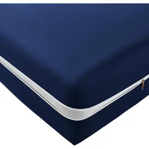 Zipper Fitted Sheet Queen Only, Ultra-Soft Microfiber Zippered Mattress Cover Protector Bed Bottom Sheet Cover for 12-16 Inch Deep Mattress, Navy Blue