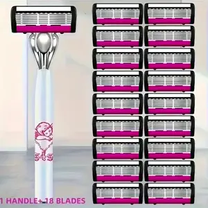 5-Blade Women's Disposable Razor Kit, Ergonomic Handle with 6 Replacement Blades, Close & Gentle Shaving for Legs & Body