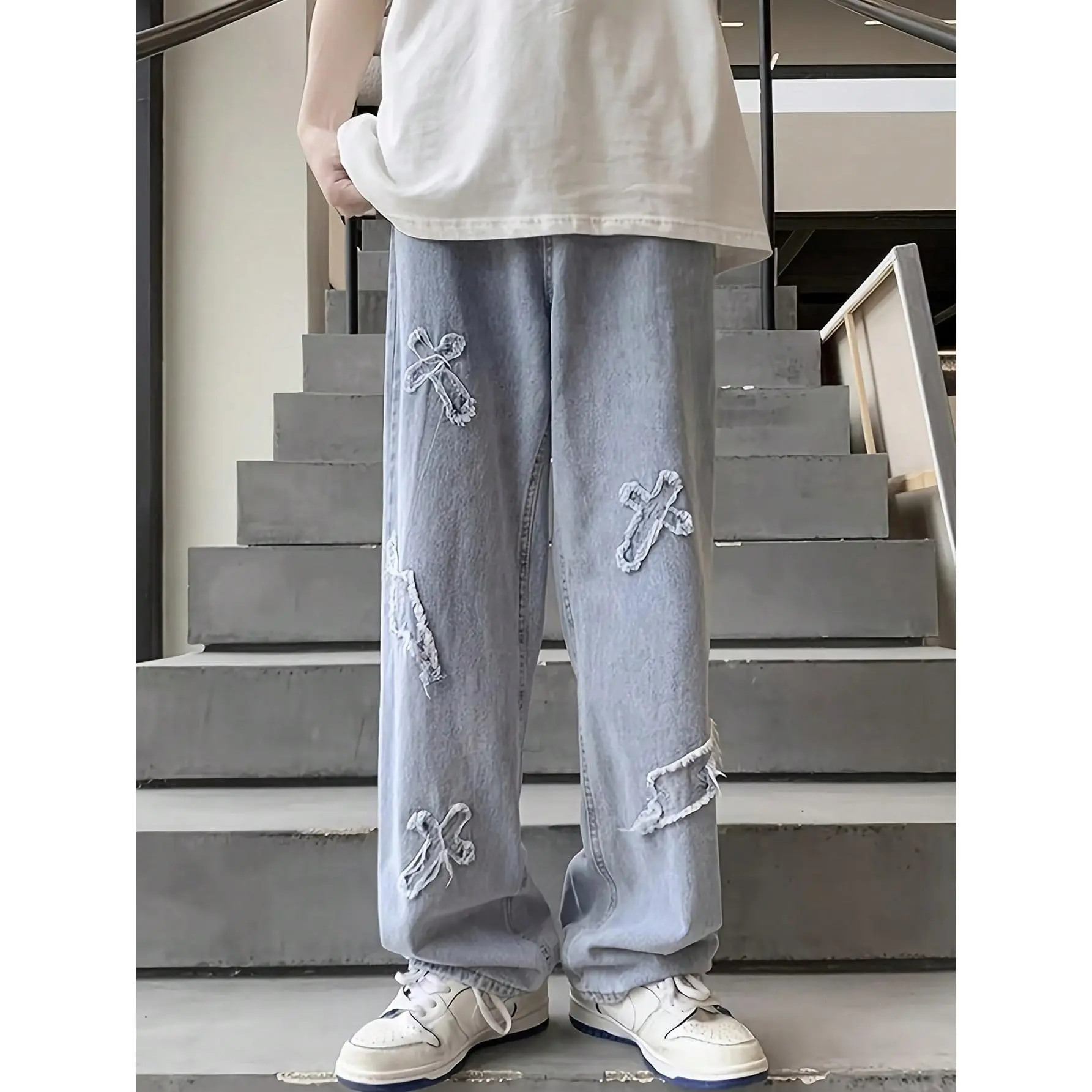 Men's Vintage Denim Jeans, Slim-Taper Streetwear Fit with Embroidered Lightning & Cross Graphics, Distressed with Pockets & Zipper Fly, Menswear, Casual, Low Iron, Hang Dry, Washed, Weekend Gigs