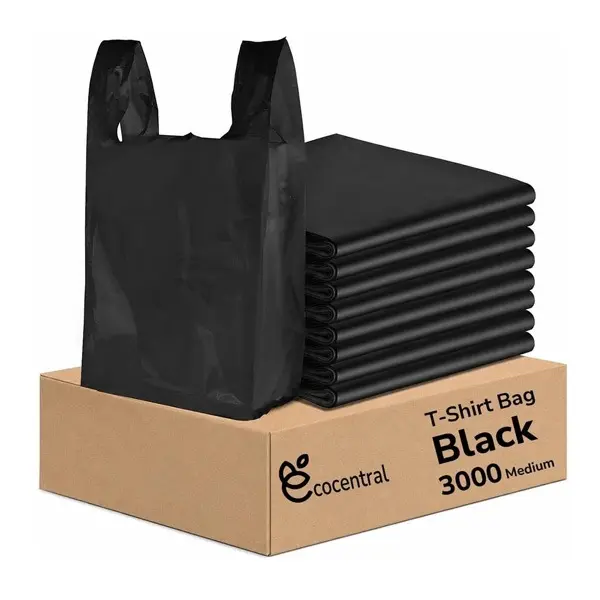 EcoCentral Small Black Plastic T-Shirt Bags with Handles, 8" x 4" x 16", 14 Mic, Bulk, for Grocery, Retail, Desk Trash