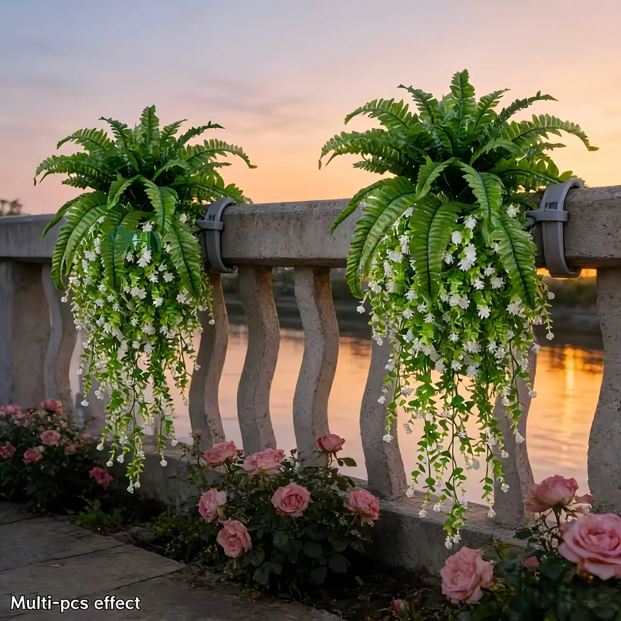 4-Piece Wall Greens Decorative Artificial Plants Set - Faux Boston Fern & Camellia Flowers Hanging Plants with Farmhouse Look & Hang-and-Done Design for Front Porch, Wall Decor, Floral Decor, Festive Wedding Use