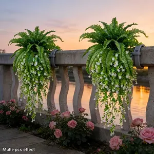 4-Piece Set Of Large Boston Fern And Camellia Wall Hanging Combination, Hanging Plants, For Outdoor Use - Modern Decorative Garden And Courtyard Decoration For Weddings, No Maintenance Required.Suitable For Spring, Valentine'S Day, Mother'S Day