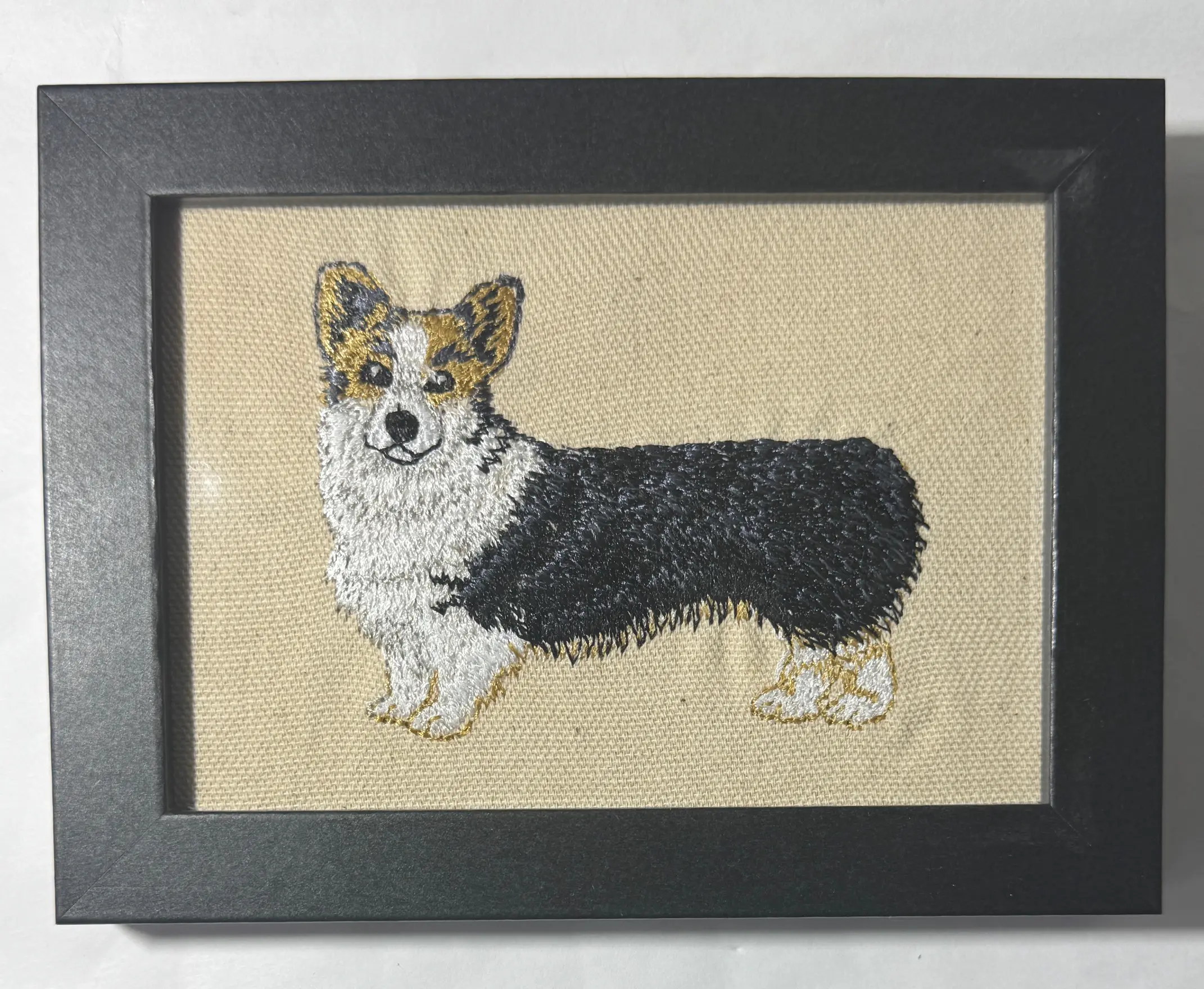 Tri Color Corgi Machine-Embroidered Framed Plaque - Unique Canine Charm Artwork, Home/Office Tabletop Desktop Decor, Dog Breed Gift, Other Designs Available