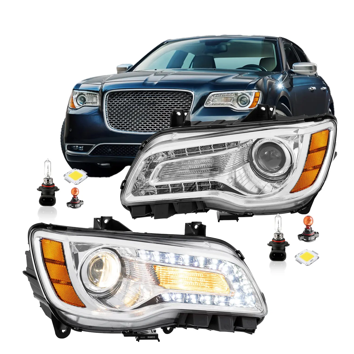 Headlight Assembly w/Bulbs for 2011-2023 Chrysler 300/300C Halogen Projector Headlamp w/LED DRL Replacement Driver and Passenger Side Chrome/Black Housing