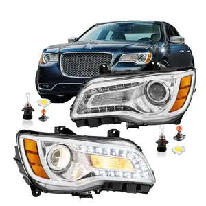 Headlight Assembly w/Bulbs for 2011-2023 Chrysler 300/300C Halogen Projector Headlamp w/LED DRL Replacement Driver and Passenger Side Chrome/Black Housing