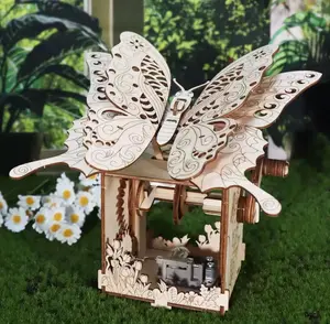 DIY Butterfly Music Box Wooden Puzzle Kit, Build Your Own Hand-Crank Music Box, Relaxing Craft Project for Teens & Adults, Parent-Child Interactive Toy, Beautiful Butterfly Desk Decor, Creative Gift for Girls, Moms, Friends & Puzzle Lovers