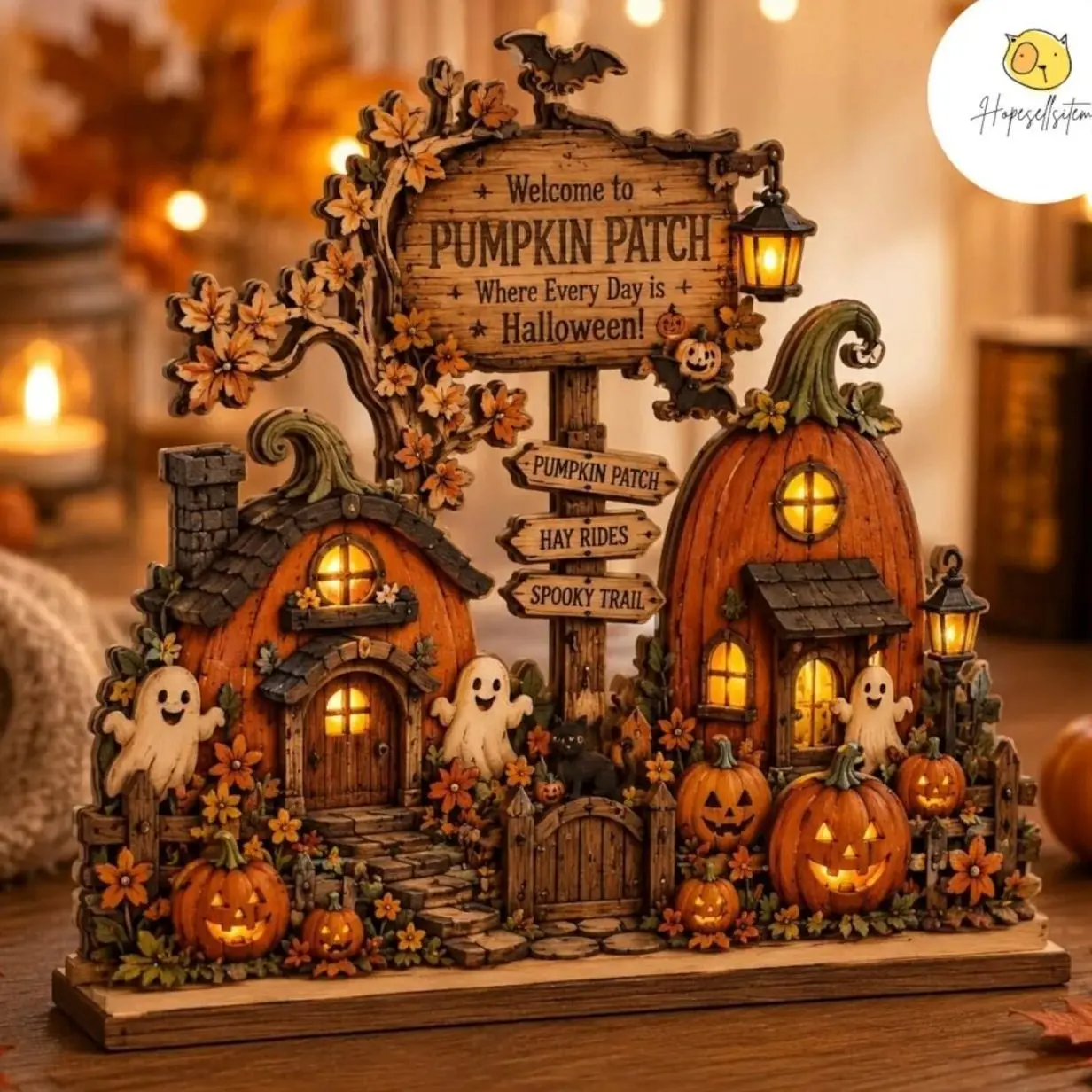 Halloween Pumpkin Patch Wooden Block Decor 2026, Spooky Village Display, Illuminated Autumn Sign, Wooden Jack-O'-Lantern Scene