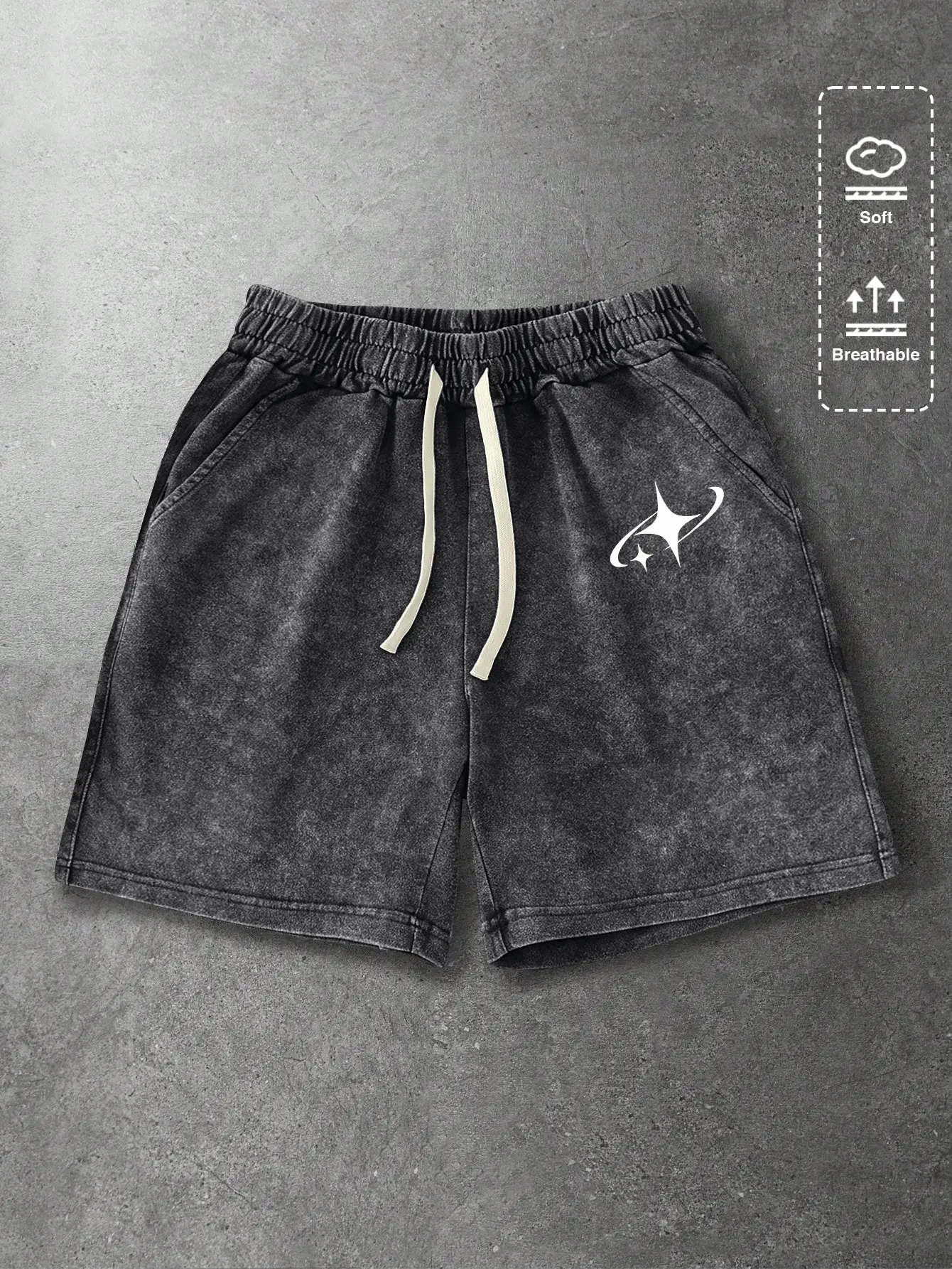 Men’s summer athletic shorts made of washed cotton with a four-star print pattern; casual loose fit with a drawstring waist and pockets. Y2K retro street style from the 2000s—ideal for running, golf, fishing, basketball, camping, gym workouts, swimming, a