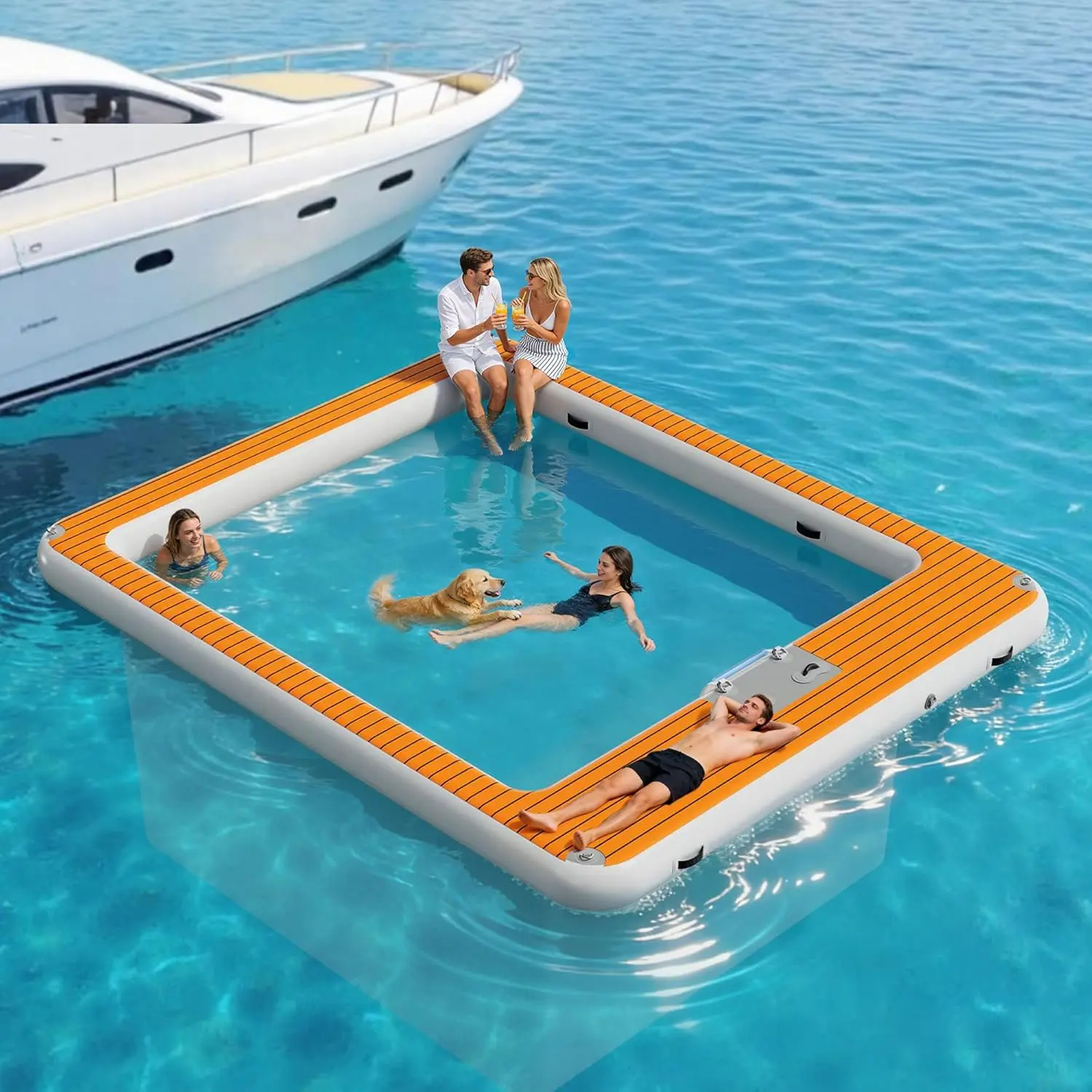 SPECRAFT 12x10FT Inflatable Sea Pool with Safety Net, Modular Floating Dock | Swimming Pool Platform with Electric Air Pump for Ocean Party, EVA Non-Slip Surface, Modular Inflatable Dock with Rope