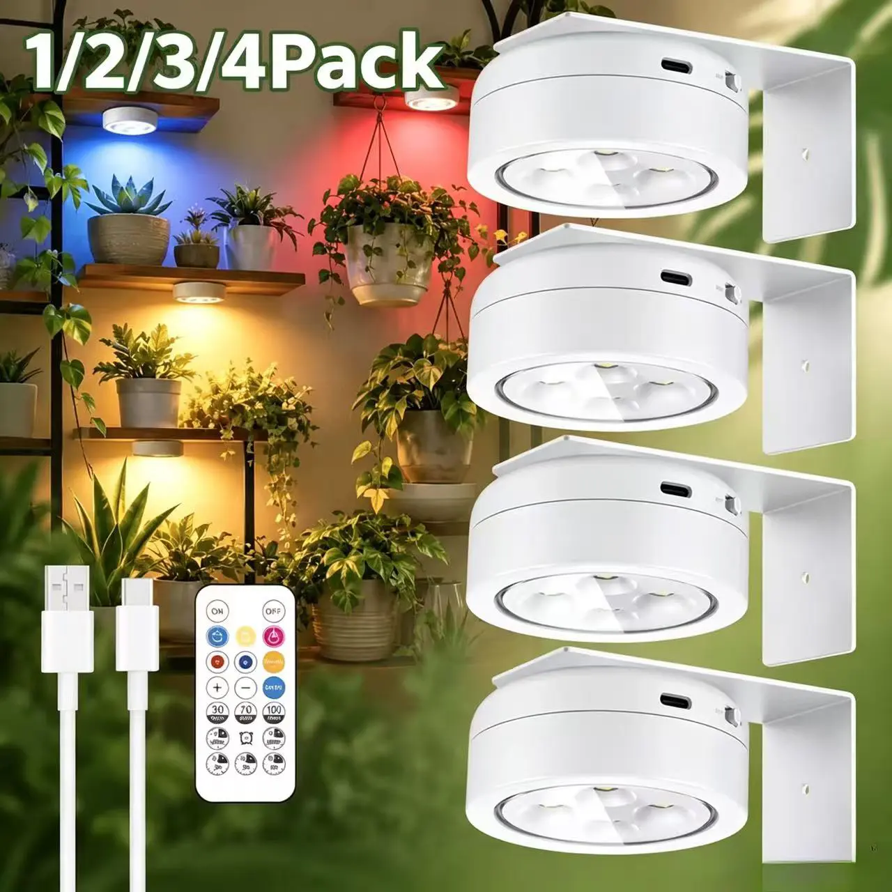 1/2/3/4 Pack Rechargeable Battery Grow Lights Wireless Full Spectrum Plant Light with Timer  Remote Stepless Dimming 2000mAh Type-C Charging with Timer  Remote Stepless Dimming Type-C Charging 2000mAh Wireless Magnetic Puck Plant Lights for Indoor Growing