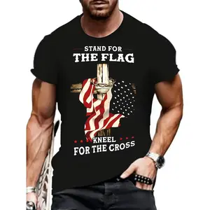 Cotton Short Sleeve  T-Shirt [Patriotic Graphic Tee] American Flag & Cross Graphic Tee - Men's Patriotic Casual T-Shirt - Stand for the Flag Kneel for the Cross Print, Short Sleeve Round Neck, Black