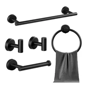 Stainless Steel Bathroom Towel Rack Set, 5-Piece Toilet Paper Holder, Wall Mounted Hooks, Pewter Finish, No Drilling Required, Bathroom Essentials Accessories, Bathroom Organizing Accessories